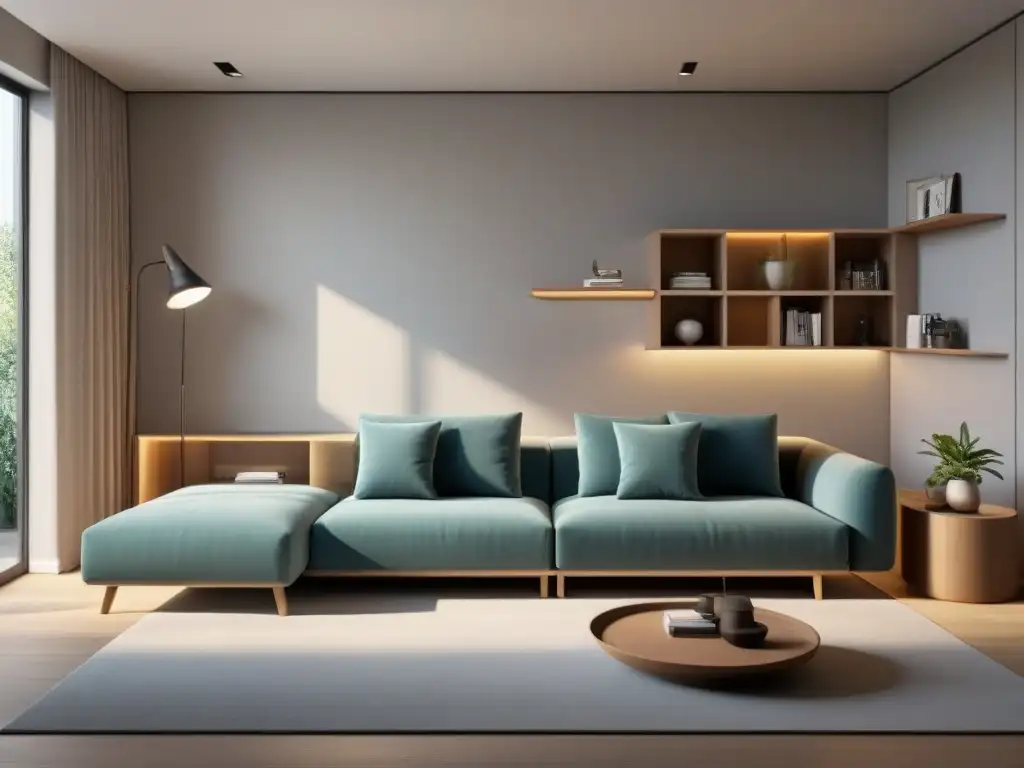Salón moderno y funcional: sofá convertible, espacio de trabajo minimalista y estanterías innovadoras Espacios multiuso en diseño moderno: Sala multifuncional con sofá cama convertible, zona de trabajo minimalista y estanterías innovadoras