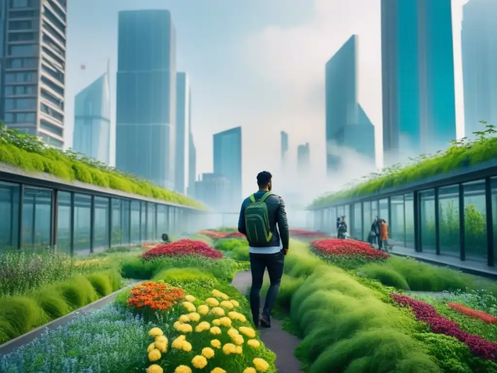 Metrópolis futurista: parques verdes en la ciudad del mañana Transformación de espacios urbanos abandonados en una ciudad futurista con parques verdes y rascacielos integrados en la naturaleza