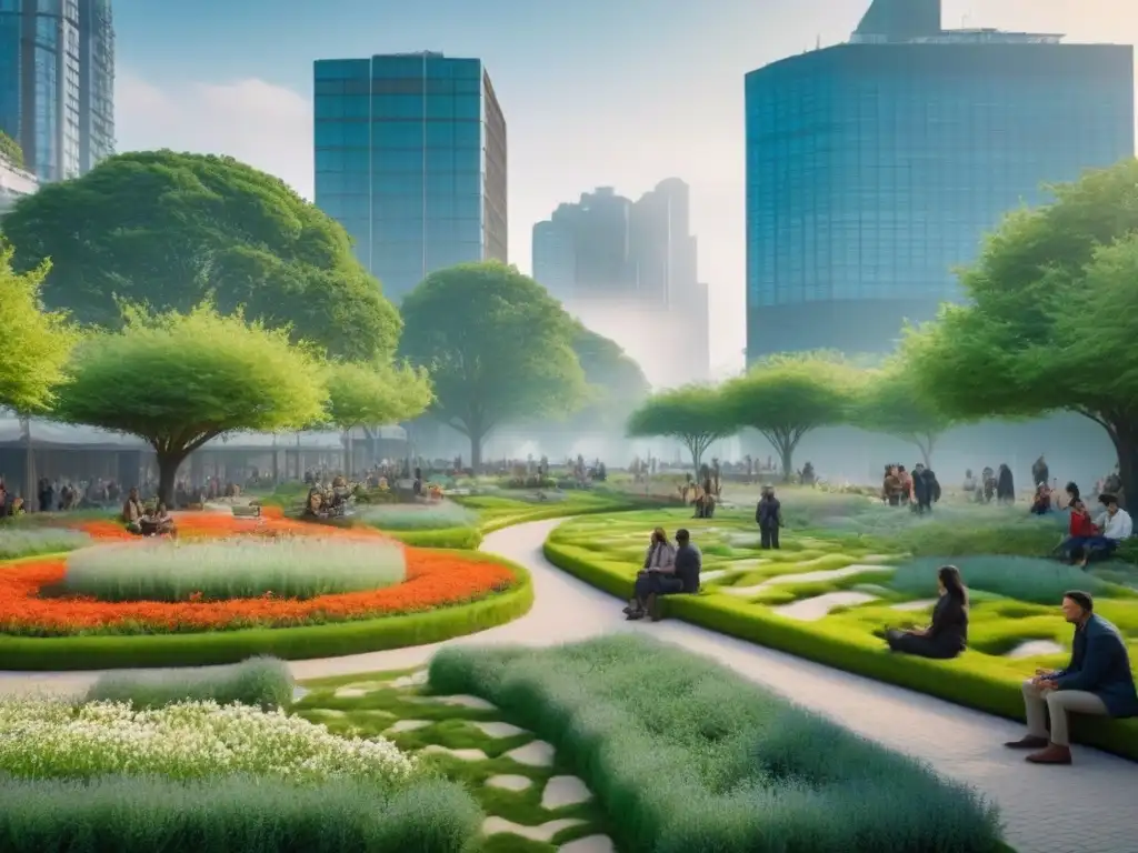 Parque urbano: oasis verde en ciudad moderna Transformación de espacios urbanos abandonados en un oasis verde vibrante con diversidad de personas disfrutando
