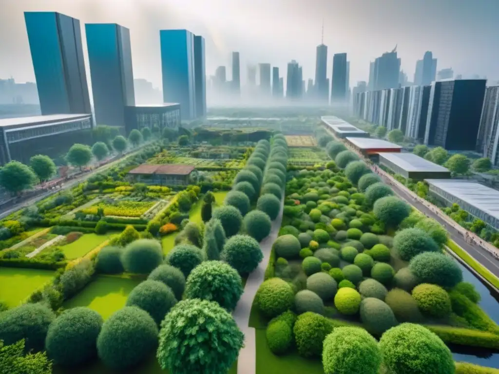 Renovación urbana: de gris a verde, un oasis sostenible en la ciudad Transformación de espacios urbanos abandonados en oasis verde vibrante con parques y edificios sostenibles integrados a la naturaleza