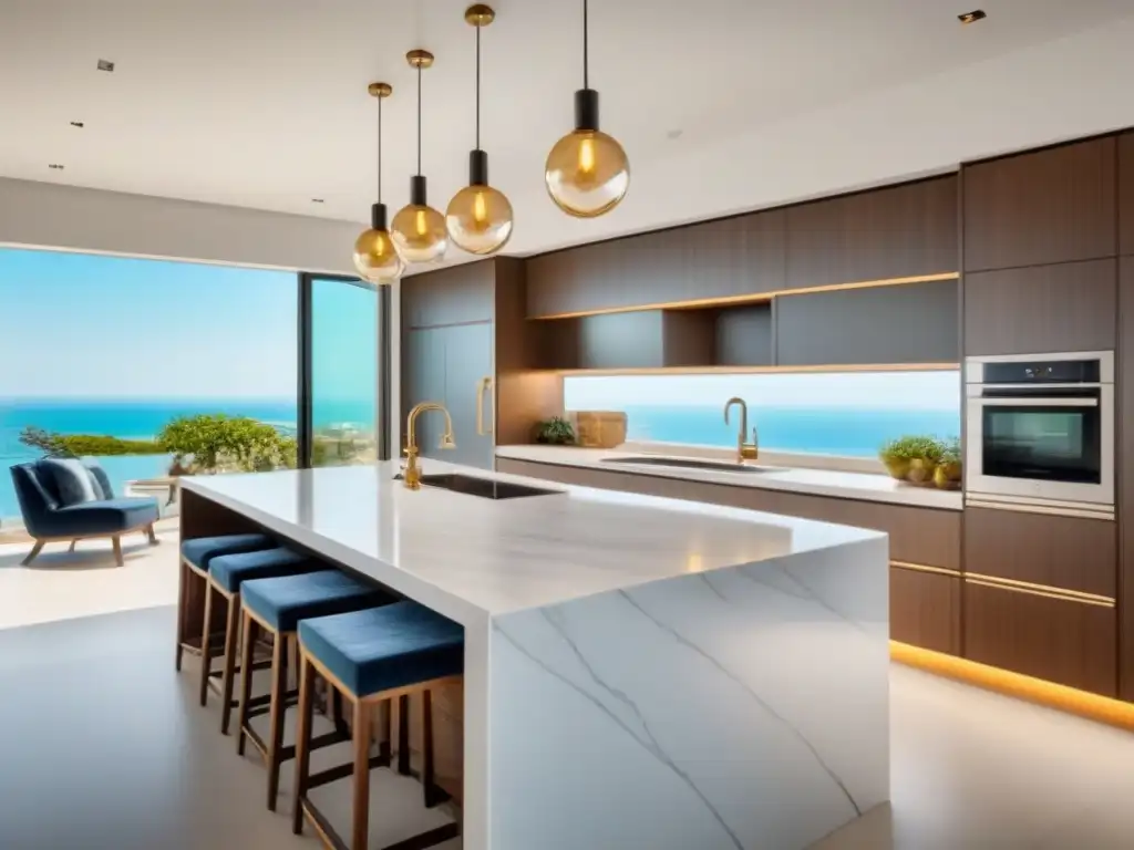 Cocina de lujo con mármol blanco y diseño elegante Espaciosa cocina moderna con elegantes acabados, isla grande y luz natural