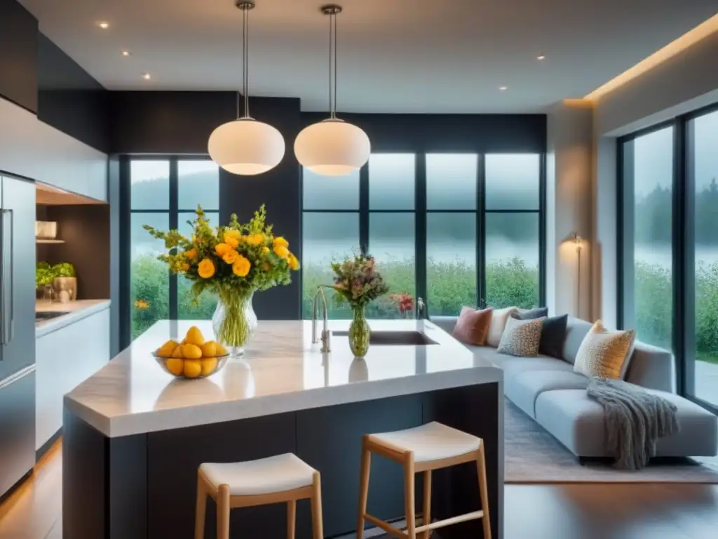Cocina moderna con isla, luz natural y elegante decoración Espaciosa cocina moderna con isla, ventanales e iluminación elegante