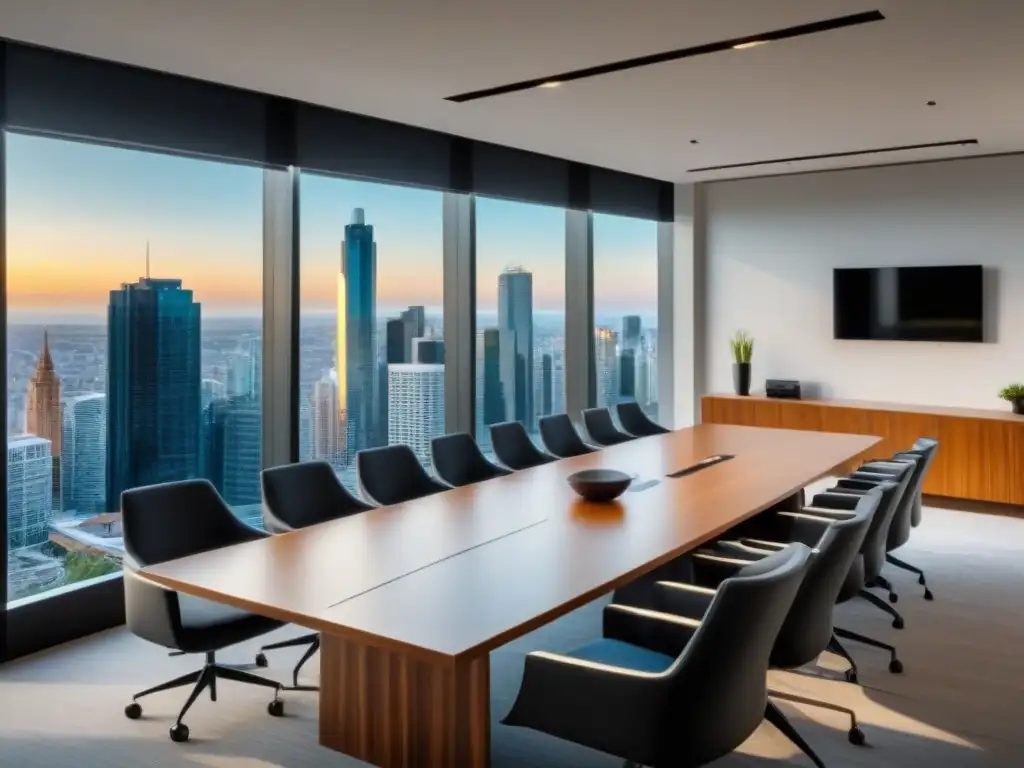Salón de reuniones moderno y sofisticado para arbitraje inmobiliario Espaciosa sala de conferencias moderna con vista panorámica de la ciudad