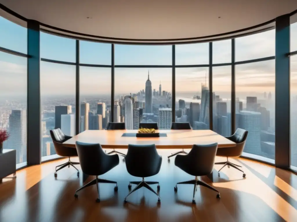 Elegante sala de conferencias con vista a la ciudad para mediación en sector inmobiliario Espaciosa sala de conferencias con vista a la ciudad, mesa de madera, gráficos inmobiliarios y café