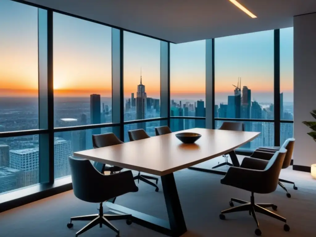 Oficina de lujo con vista panorámica y mobiliario contemporáneo Espacioso despacho moderno con vista panorámica de la ciudad, muebles contemporáneos y mesa de conferencias pulida