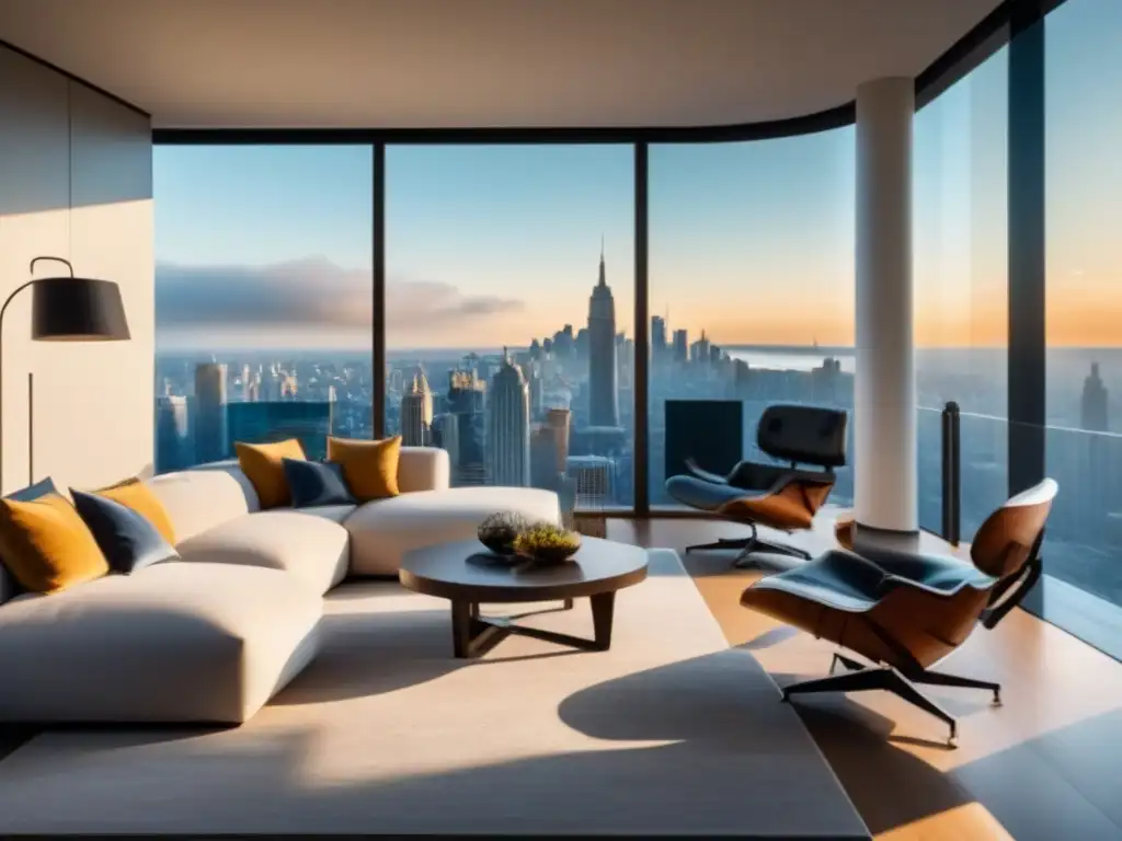 Salón moderno de lujo con vista a la ciudad Espacioso salón de lujo con elegante mobiliario, ventanales y decoración refinada