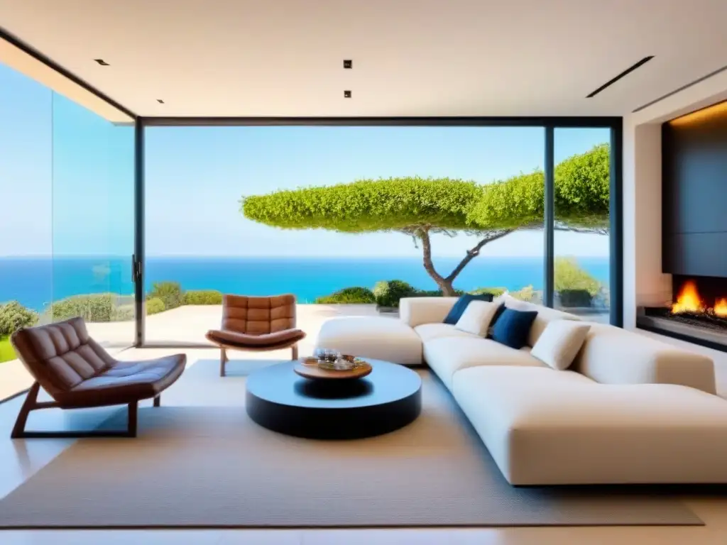 Salón de lujo en villa española: diseño minimalista con vista al mar Espacioso salón de lujo en villa española con vistas al mar Mediterráneo, mobiliario minimalista y arte elegante