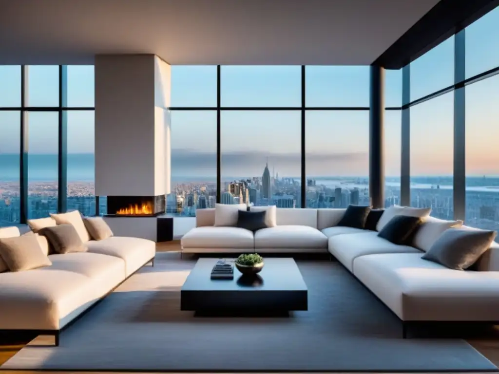 Salón moderno de lujo en penthouse con vistas panorámicas 8k Espacioso salón de lujo en penthouse con vistas panorámicas a la ciudad, mobiliario moderno y tecnología inteligente integrada