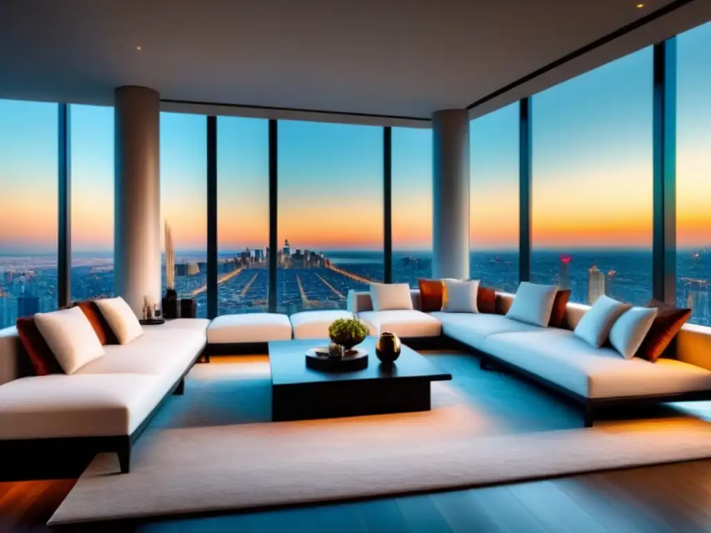 Salón de lujo con vistas panorámicas a la ciudad y decoración contemporánea Espacioso salón de penthouse moderno con vista panorámica a la ciudad, decorado con lujo y sofisticación