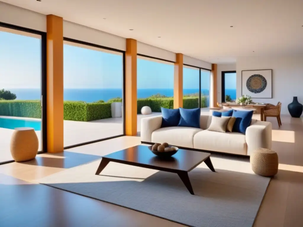 Salón de lujo en villa española: moderno y elegante Espacioso salón moderno en lujosa villa española, con mobiliario elegante y arte vibrante