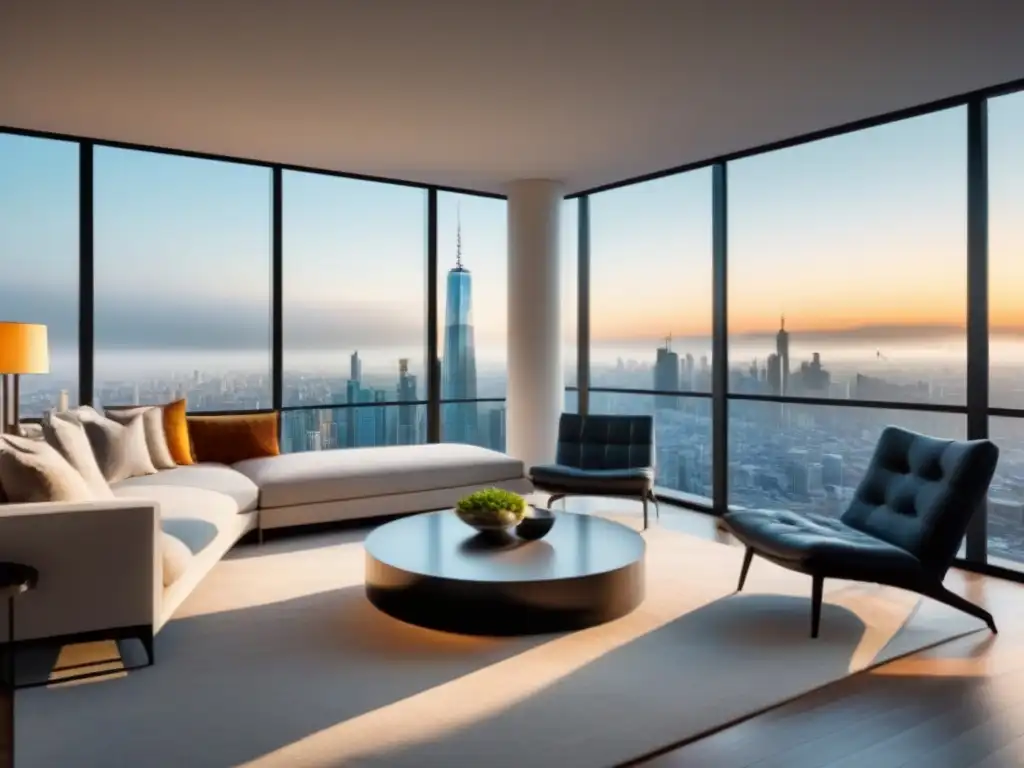 Salón de lujo en la ciudad: diseño moderno y luminoso Espacioso salón moderno en un rascacielos con vista a la ciudad, mobiliario elegante y arte contemporáneo
