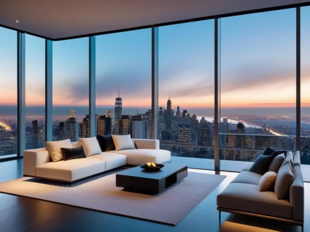 Sala de estar de lujo con ventana panorámica al atardecer Espacioso salón moderno con ventanas piso techo y vista urbana al atardecer