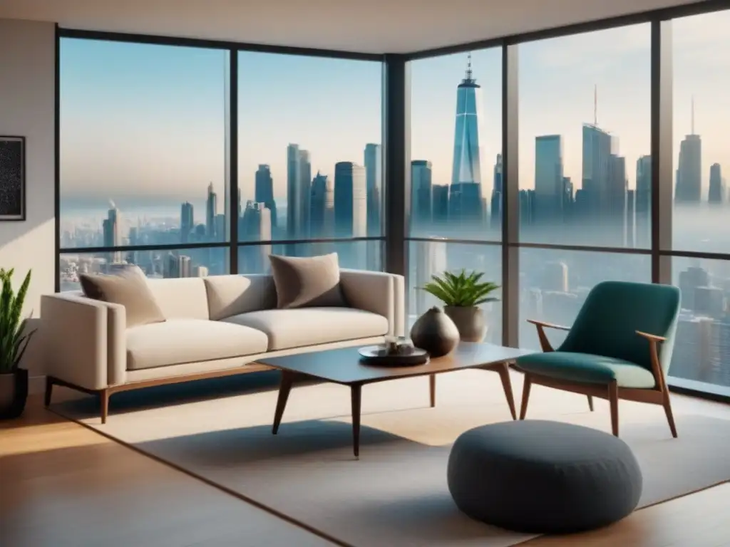 Sala de estar moderna con vista urbana en 8k Espacioso salón moderno con vista a la ciudad y decoración elegante