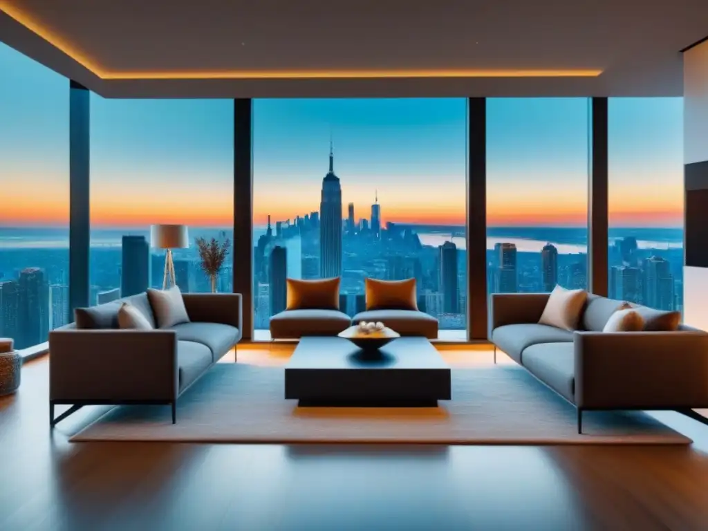 Salón moderno con vistas urbanas: decoración contemporánea en 8k Espacioso salón moderno con vistas a la ciudad