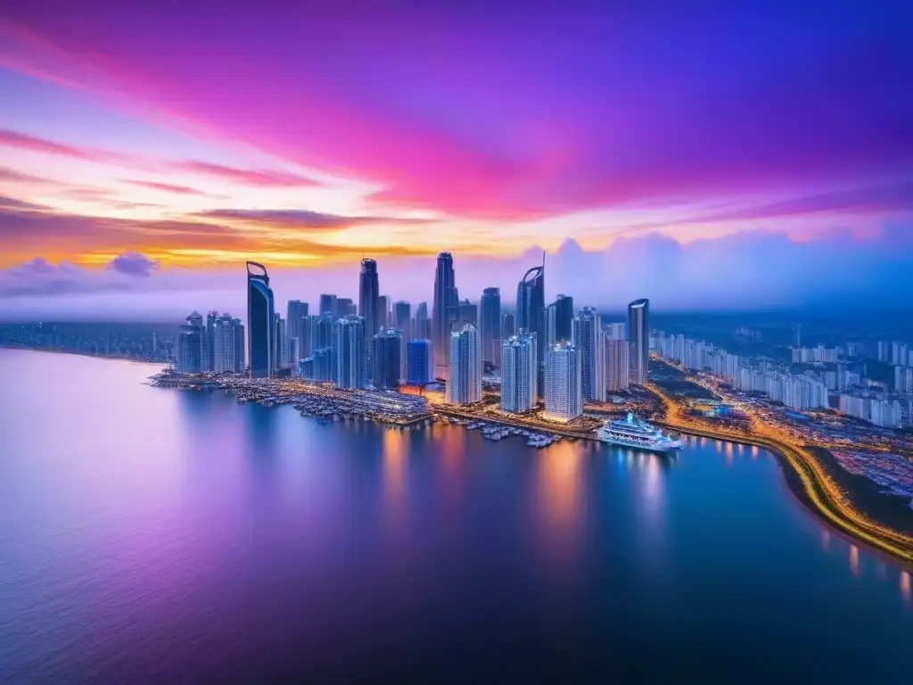 Panamá City al atardecer: modernidad y luces urbanas Espectacular atardecer en la ciudad de Panamá, reflejando la moderna arquitectura y luces de la ciudad en el océano
