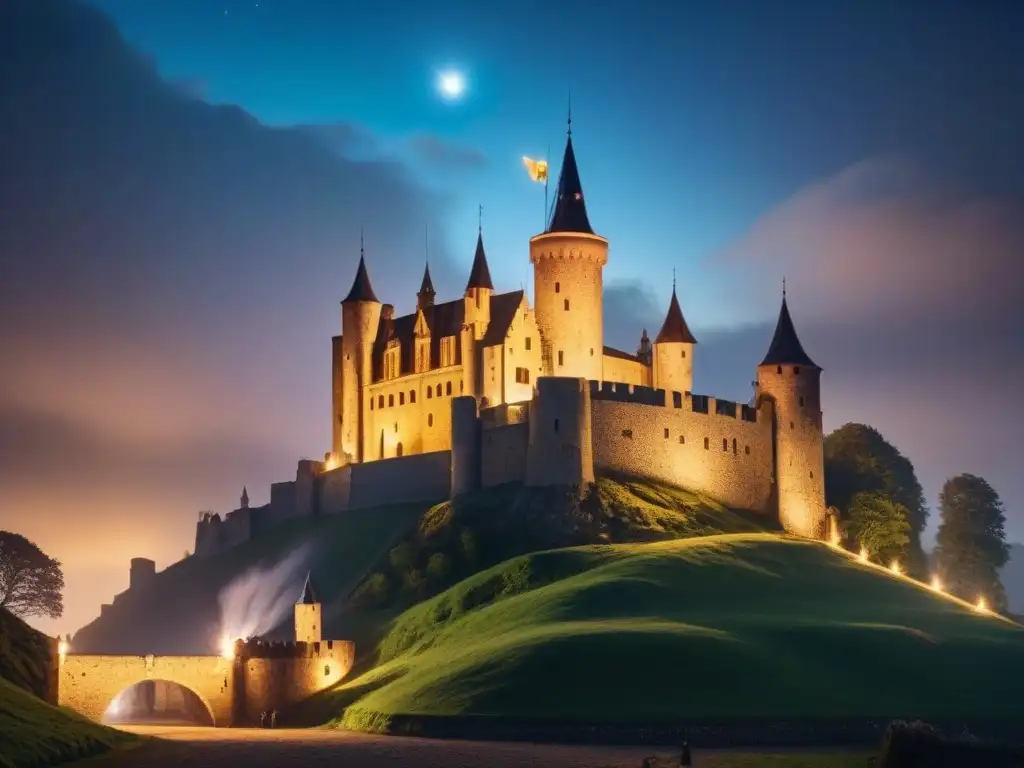 Castillo medieval iluminado: tradición y tecnología fusionadas Espectacular castillo medieval iluminado por antorchas y luces LED, fusionando tecnologías pasadas y futuras con eficiencia energética en palacetes