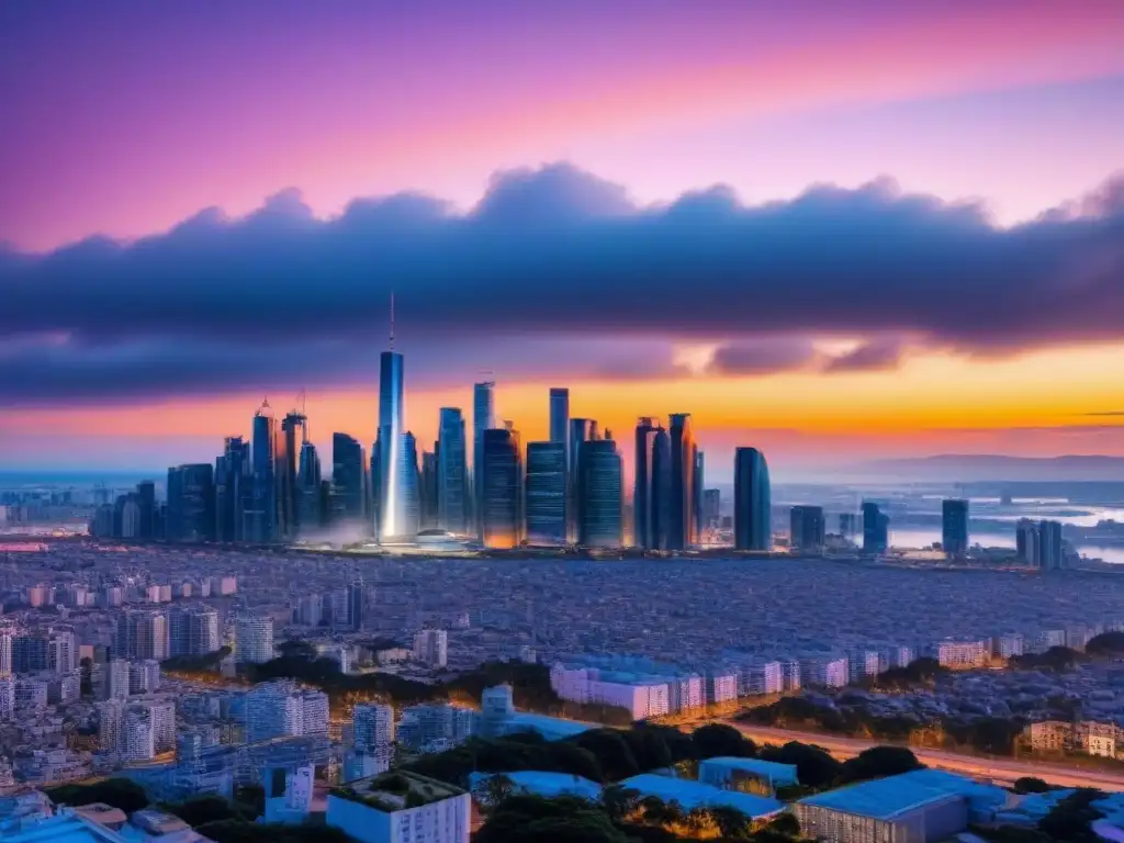 Espectacular ciudad futurista al atardecer, reflejando colores vibrantes