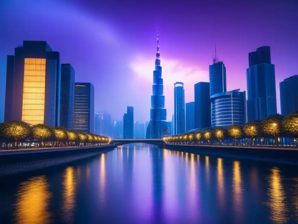 Horizonte urbano futurista: rascacielos iluminados al anochecer Espectacular ciudad futurista al anochecer con rascacielos iluminados junto a un río tranquilo