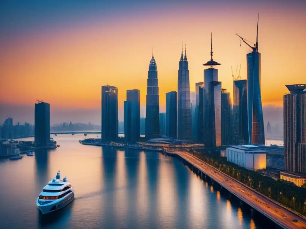 Horizonte urbano moderno al atardecer: inversión inmobiliaria estratégica Espectacular ciudad moderna al atardecer con rascacielos de cristal, yates de lujo y redes de puentes iluminadas