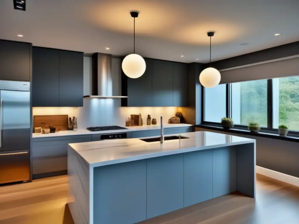 Renovación de cocina moderna con mármol de lujo Espectacular renovación de cocina con mármol, electrodomésticos modernos y elegante isla bajo luces colgantes