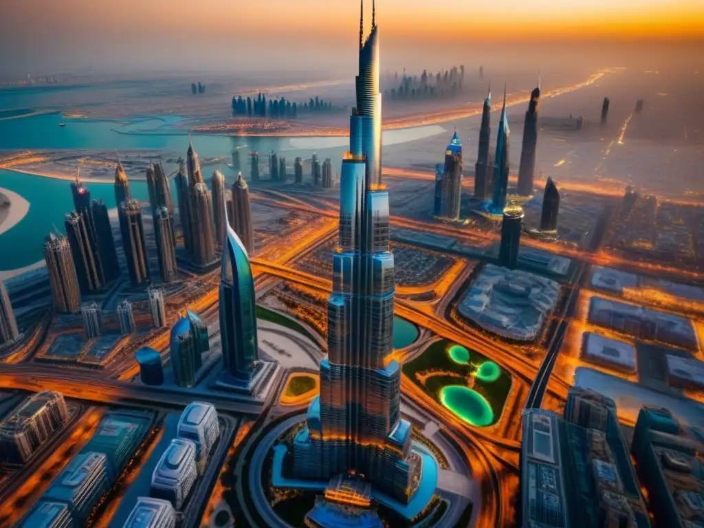 Esplendor urbano: Burj Khalifa y modernos rascacielos en Dubai Espectacular evolución arquitectónica Dubái mercado inmobiliario: Burj Khalifa destaca entre deslumbrantes rascacielos modernos al atardecer