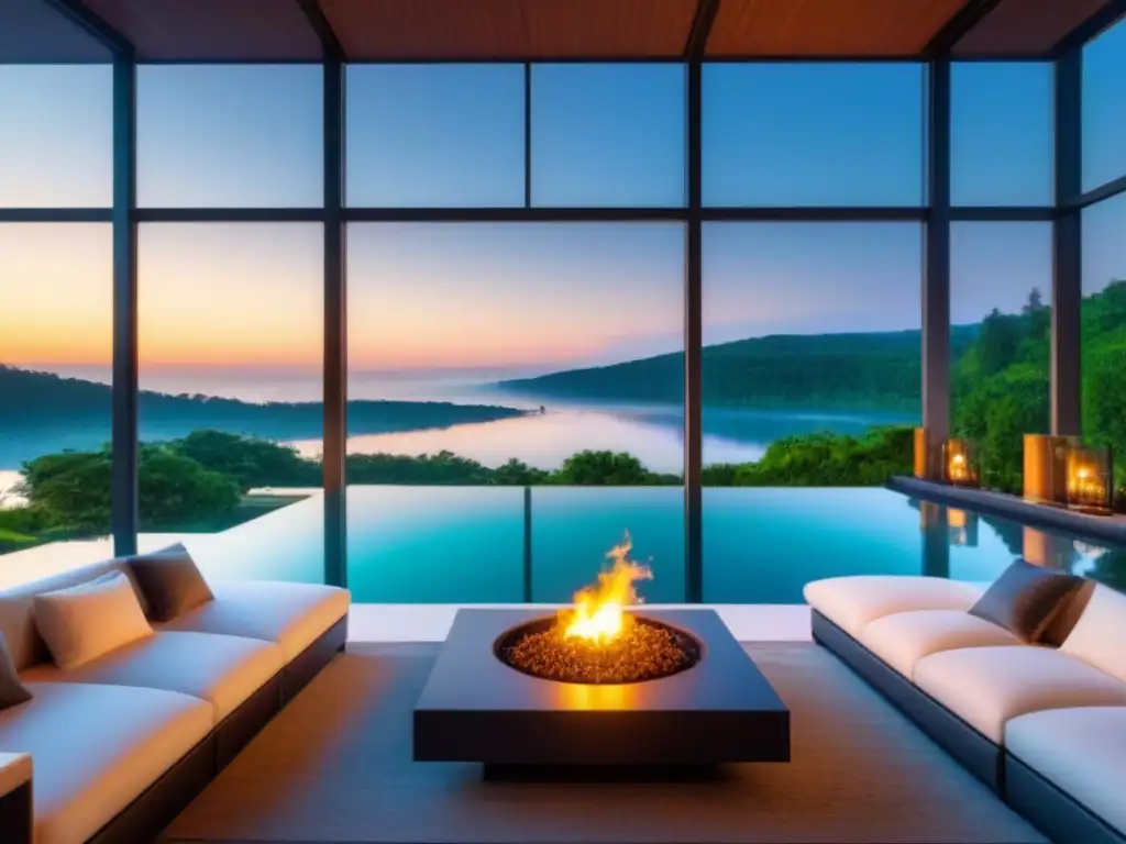 Residencia de lujo junto al lago al atardecer Espectacular mansión moderna con vista al lago al atardecer, interior elegante y acogedor, patio con piscina infinita, rodeada de naturaleza