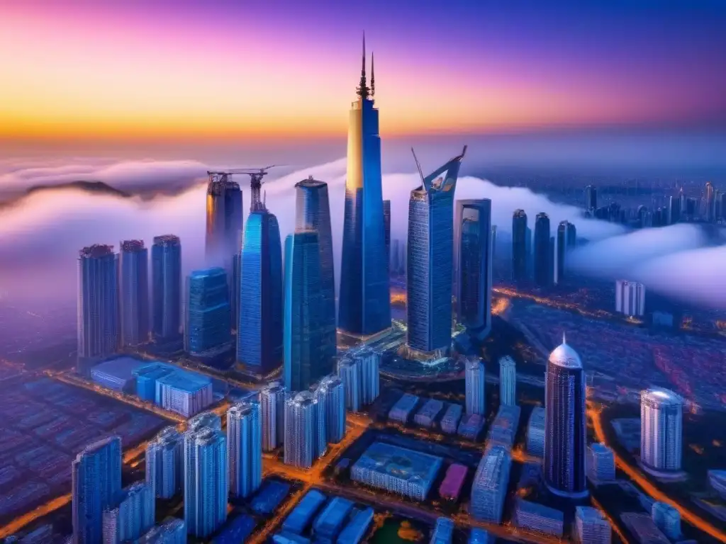 Inversión global en bienes raíces: horizonte urbano diverso y atardecer vibrante Espectacular paisaje urbano internacional de rascacielos al atardecer, ideal para Inversiones inmobiliarias internacionales REITs