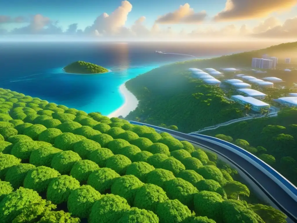 Caribe 2030: ciudad futurista sostenible y vibrante Espectacular paisaje urbano del Caribe en 2030 con rascacielos verdes y vehículos eléctricos, reflejando un futuro brillante para las inversiones inmobiliarias Caribe 2030