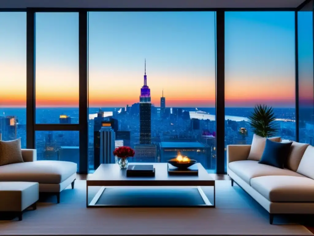 Penthouse de lujo con vista panorámica a la ciudad al atardecer Espectacular penthouse de lujo con vista a la ciudad al atardecer, diseño elegante y ambiente sofisticado