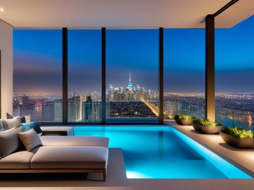 Penthouse de lujo con vistas nocturnas a la ciudad y piscina privada Espectacular penthouse de lujo con vistas a la ciudad de noche, decorado con elegancia y sofisticación