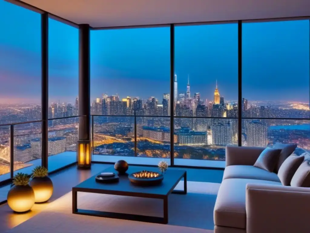 Penthouse moderno de lujo con vistas panorámicas a la ciudad Espectacular penthouse moderno de lujo con vista a la ciudad al atardecer, diseño elegante y ambiente chic