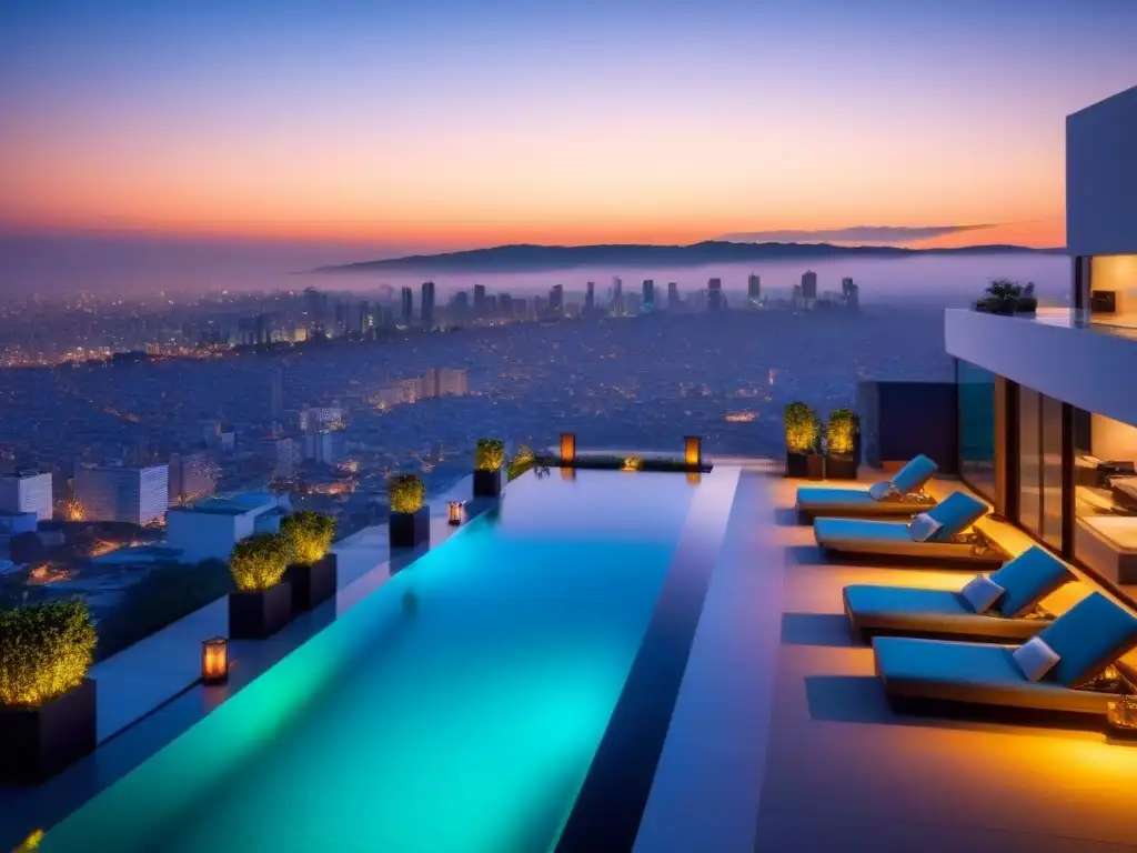 Penthouse de lujo con piscina infinita en CDMX al atardecer Espectacular penthouse moderno en México con piscina infinita privada y vistas panorámicas de la ciudad al atardecer