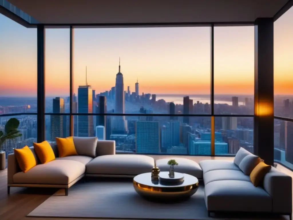 Penthouse de lujo con vistas panorámicas al anochecer Espectacular penthouse moderno con ventanales y vista a la ciudad al atardecer