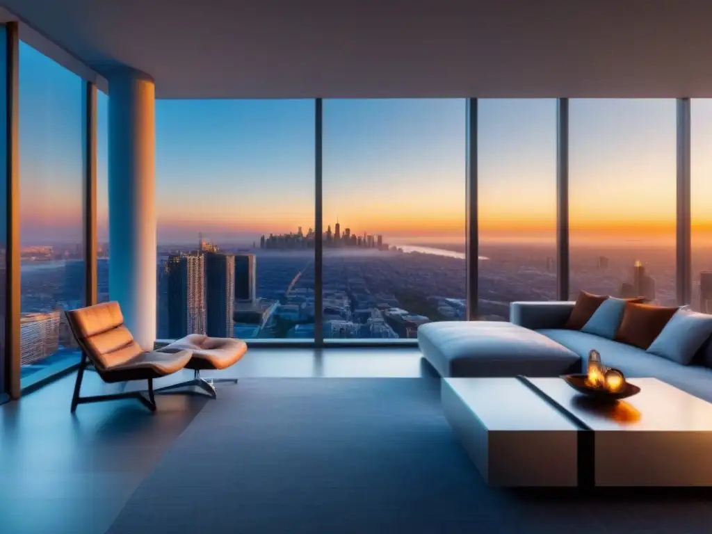 Penthouse de lujo con vistas panorámicas de la ciudad Espectacular penthouse moderno con vista a la ciudad, muebles contemporáneos y terraza panorámica, ideal para estrategias inversión propiedades lujo