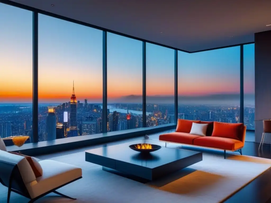 Penthouse de lujo con vista panorámica al atardecer Espectacular penthouse moderno con vista a la ciudad al atardecer
