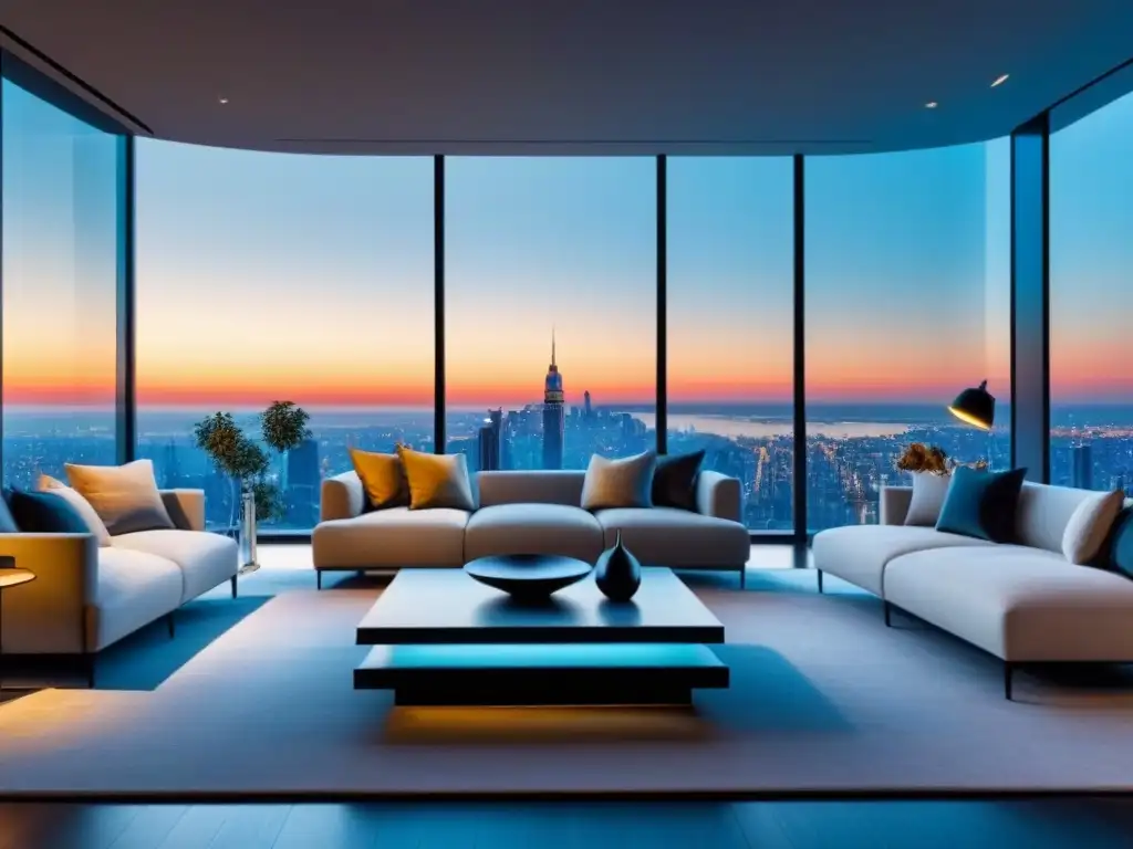 Penthouse de lujo con vistas a la ciudad al atardecer Espectacular penthouse moderno con vista a la ciudad al atardecer, decorado con lujo y elegancia para estrategias de inversión en inmuebles de lujo
