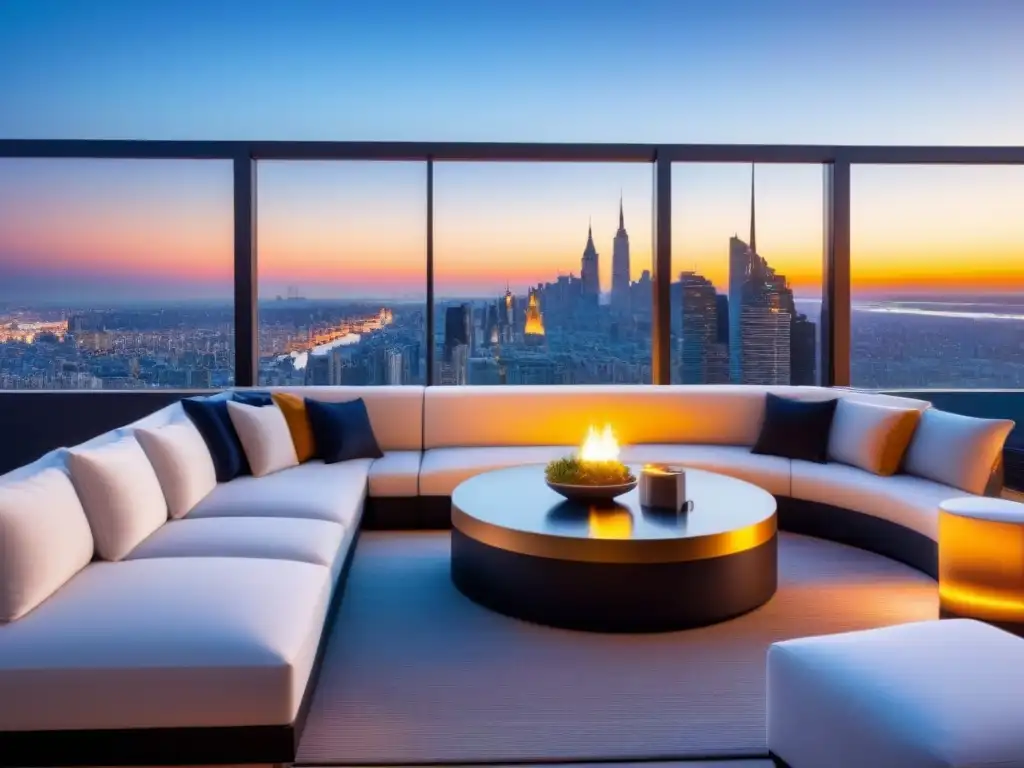 Penthouse de lujo con vistas al atardecer en la ciudad Espectacular penthouse moderno con vista a la ciudad al atardecer, diseño contemporáneo y terraza lujosa