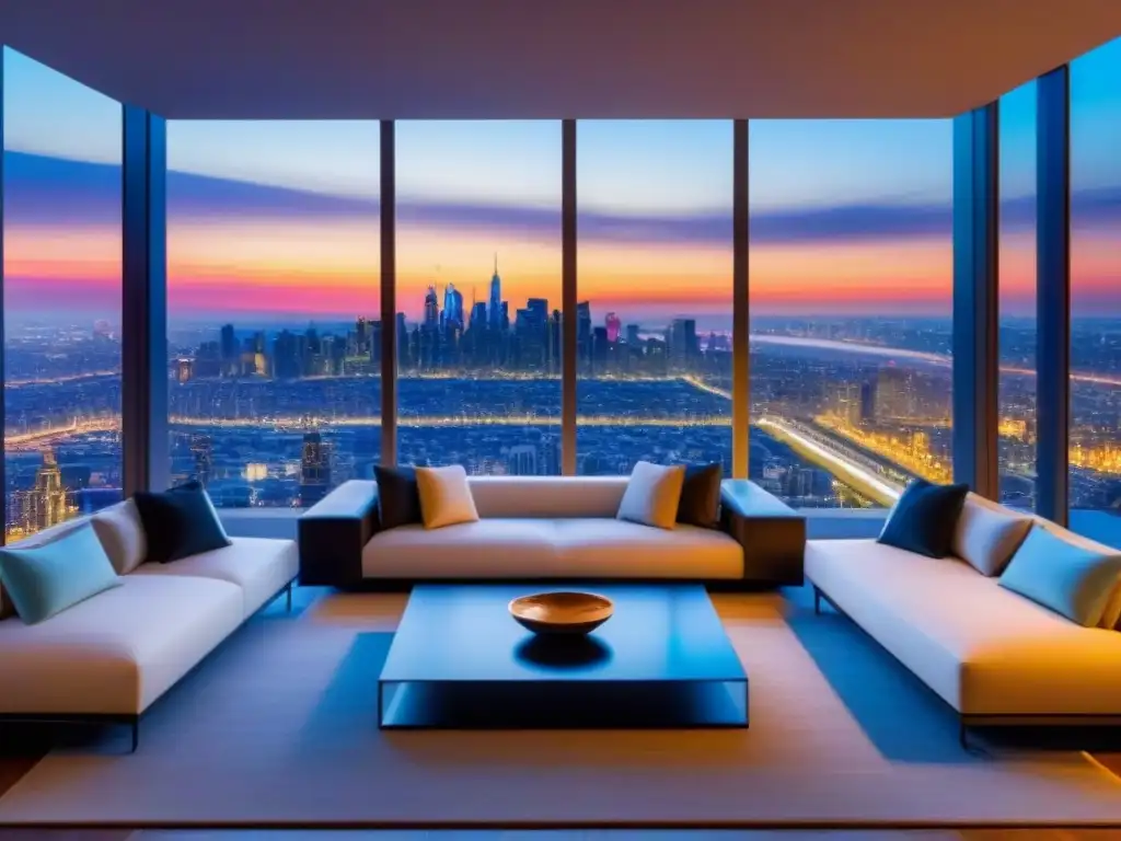 Penthouse de lujo con vista a la ciudad al atardecer Espectacular penthouse moderno con vistas a la ciudad al anochecer, diseño elegante y cálido