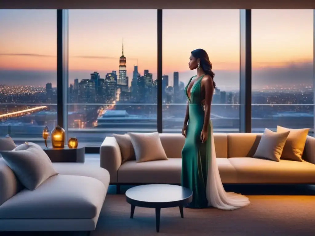 Penthouse de lujo con vista a la ciudad al atardecer Espectacular penthouse moderno con vistas a la ciudad al anochecer y diseño de lujo