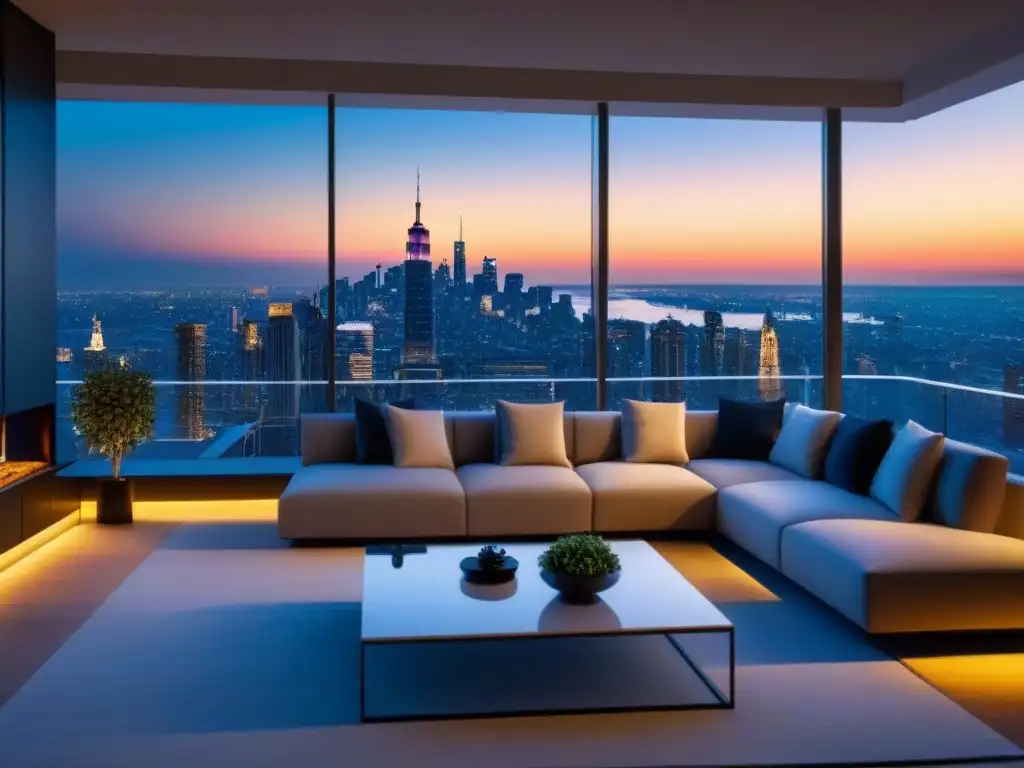 Penthouse de lujo con vista panorámica al atardecer Espectacular penthouse moderno con vistas a la ciudad al atardecer