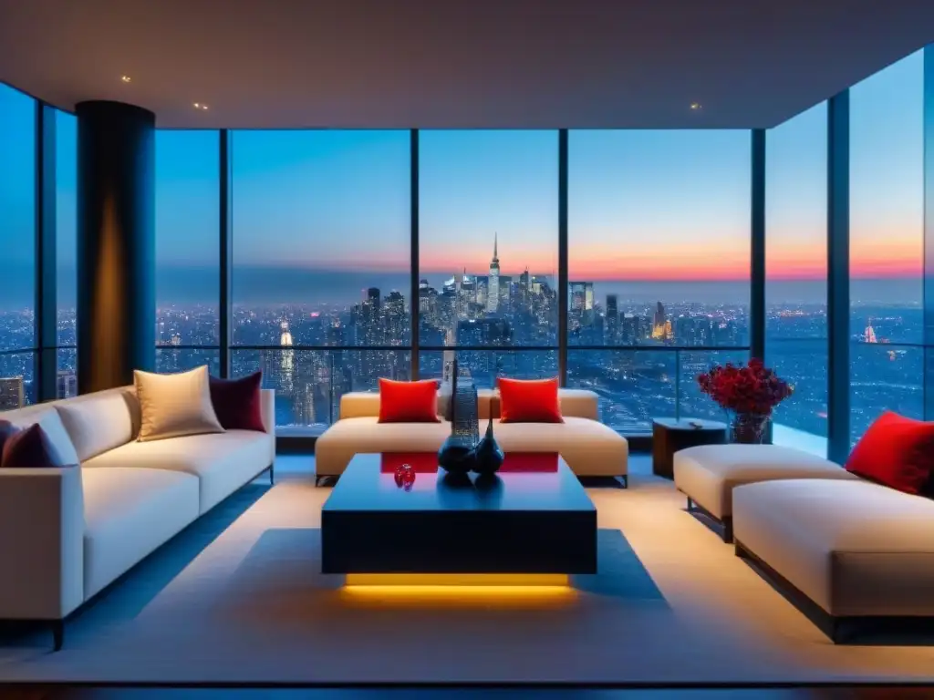 Sala de estar de lujo en penthouse con vista a la ciudad al atardecer Espectacular sala de estar de lujo en un ático de alta gama con vista a la ciudad al anochecer, diseñada con elegancia y modernidad