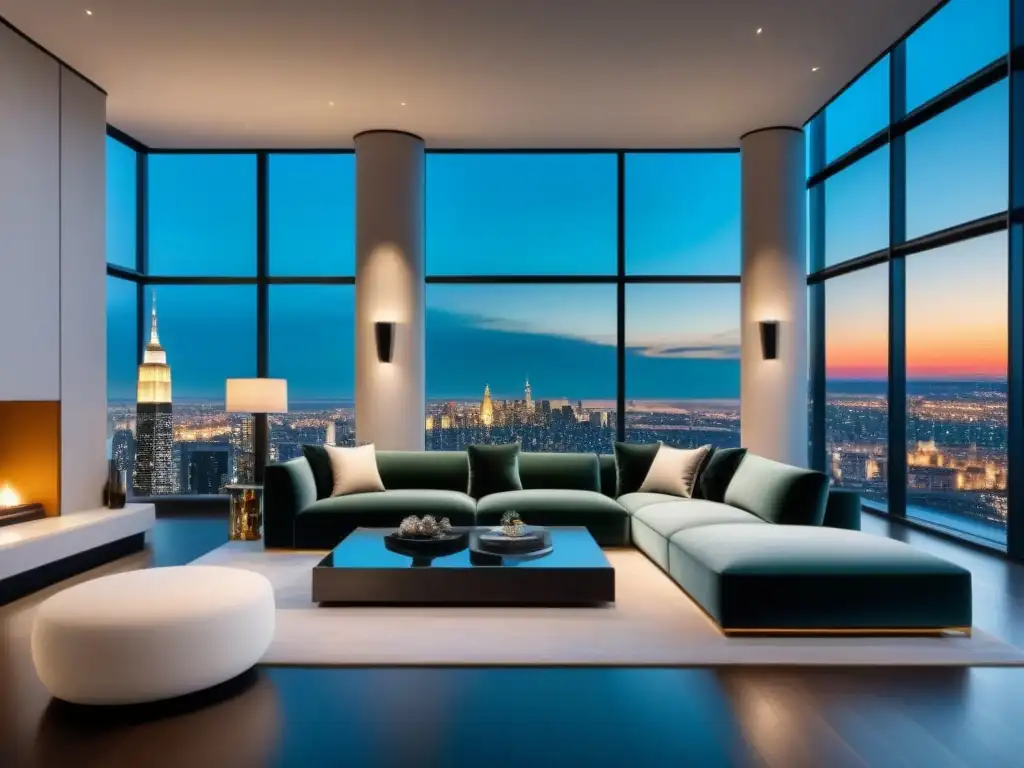 Sala de estar de lujo en penthouse con vista urbana impresionante Espectacular sala de estar de lujo en un ático exclusivo con vista a la ciudad