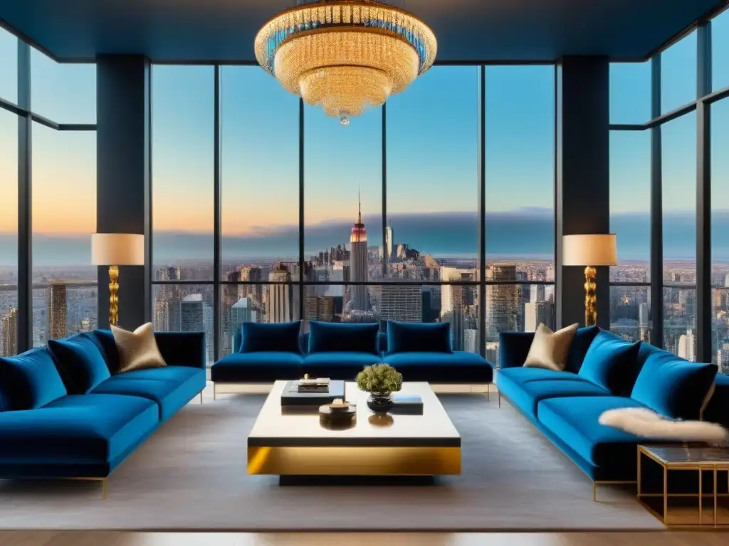 Salón penthouse de lujo con vista urbana espectacular Espectacular sala de estar de lujo en penthouse con vista impresionante de la ciudad