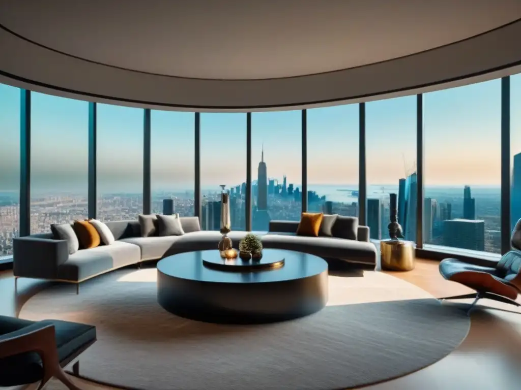 Penthouse de lujo: sala moderna con vista panorámica a la ciudad Espectacular sala de estar de lujo en penthouse moderno con vista a la ciudad, perfecta para estrategias legales contratos inmobiliarios lujo