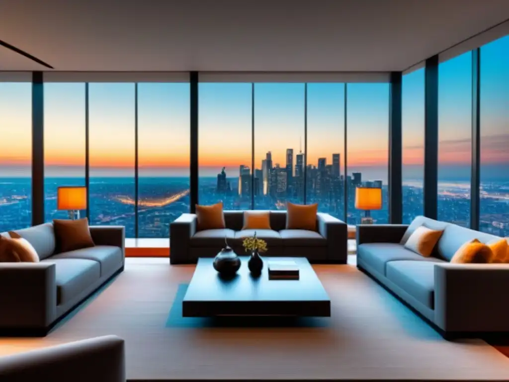 Salón de lujo con vista panorámica en propiedad exclusiva Espectacular sala de estar de lujo en propiedad inmobiliaria de alta gama con vista a la ciudad
