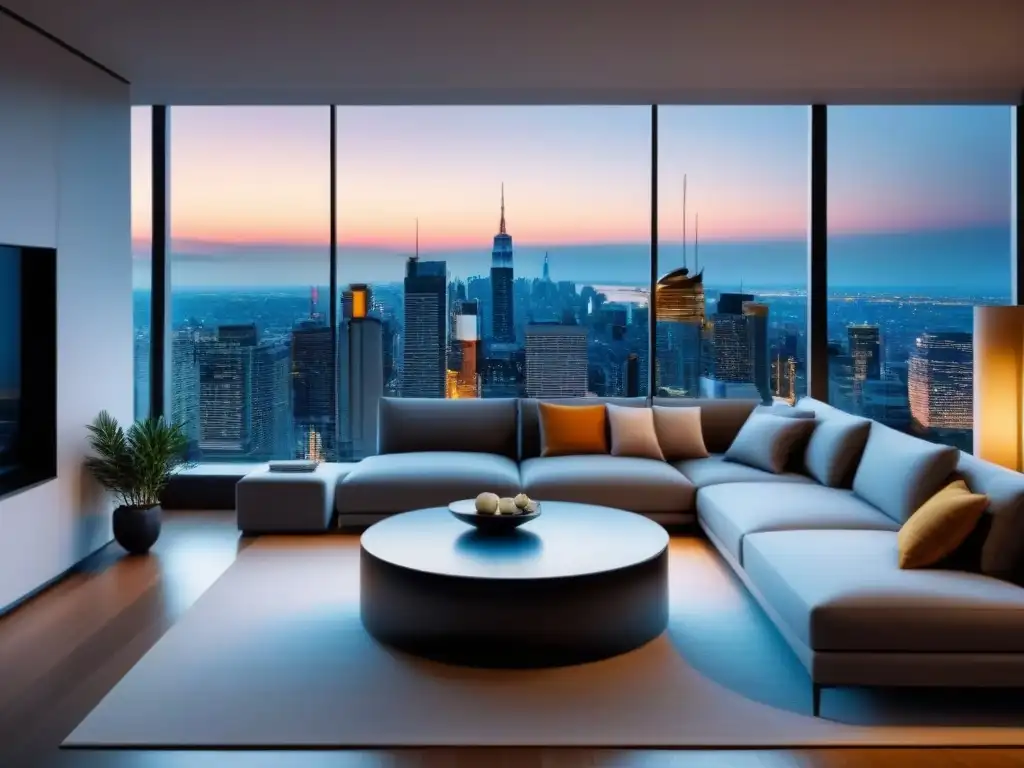 Sala de estar de lujo con vista panorámica a la ciudad al atardecer Espectacular sala de estar de lujo con ventanales de piso a techo que muestran el deslumbrante horizonte de la ciudad al anochecer