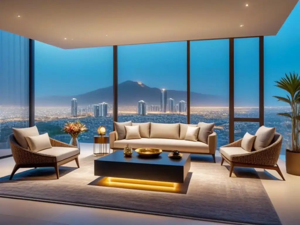 Interior de lujo en México: Sala amplia con vista nocturna de la ciudad Espectacular sala de estar en un lujoso apartamento moderno con elegante mobiliario, comedor chic y gran vista nocturna de la ciudad