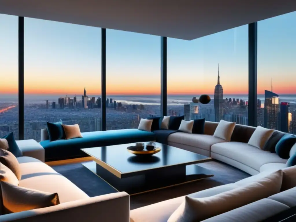 Lujo urbano: Salón penthouse moderno con vista panorámica 8k Espectacular sala de estar de un lujoso ático moderno con vista panorámica a la ciudad