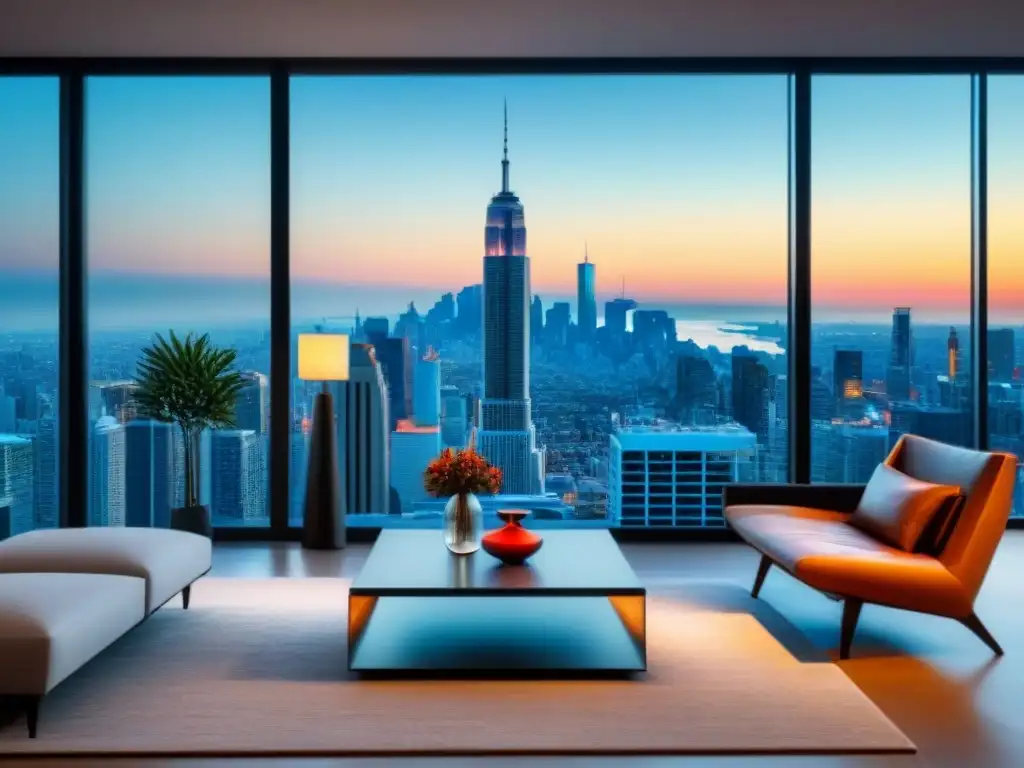 Salón moderno de lujo con vista panorámica a la ciudad al atardecer Espectacular sala de estar moderna con muebles elegantes y vista a la ciudad al anochecer