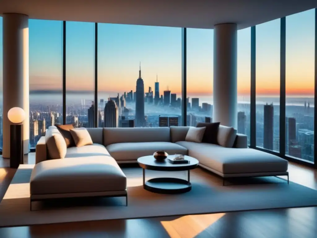 Salón de lujo en penthouse urbano con vista panorámica a la ciudad Espectacular sala de estar moderna en penthouse urbano de lujo, con vista panorámica a la ciudad